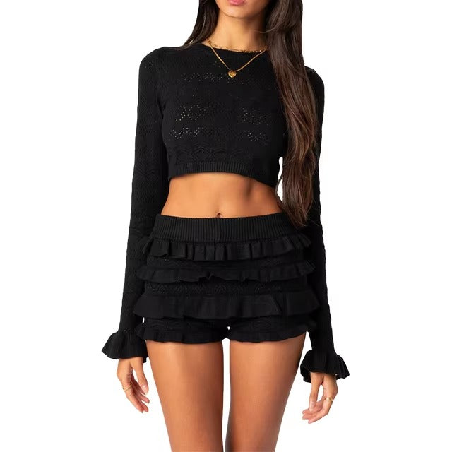 Ruffles Long Sleeve Crew Neck Cropped Top And Skirt Two-Piece Set Mssza