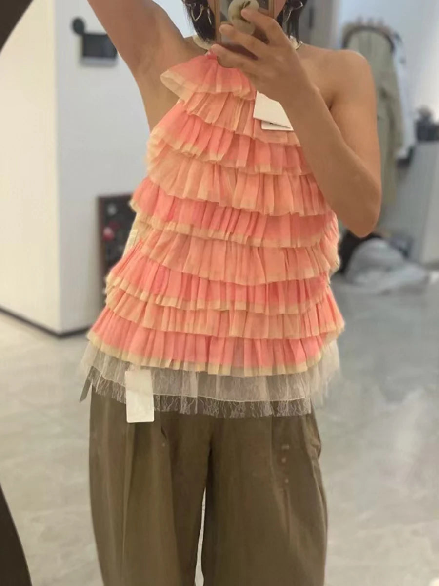 Ruffles O Neck Sleeveless Minimalist Mesh Vest Style Tank Top Mssza