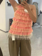 Ruffles O Neck Sleeveless Minimalist Mesh Vest Style Tank Top Mssza