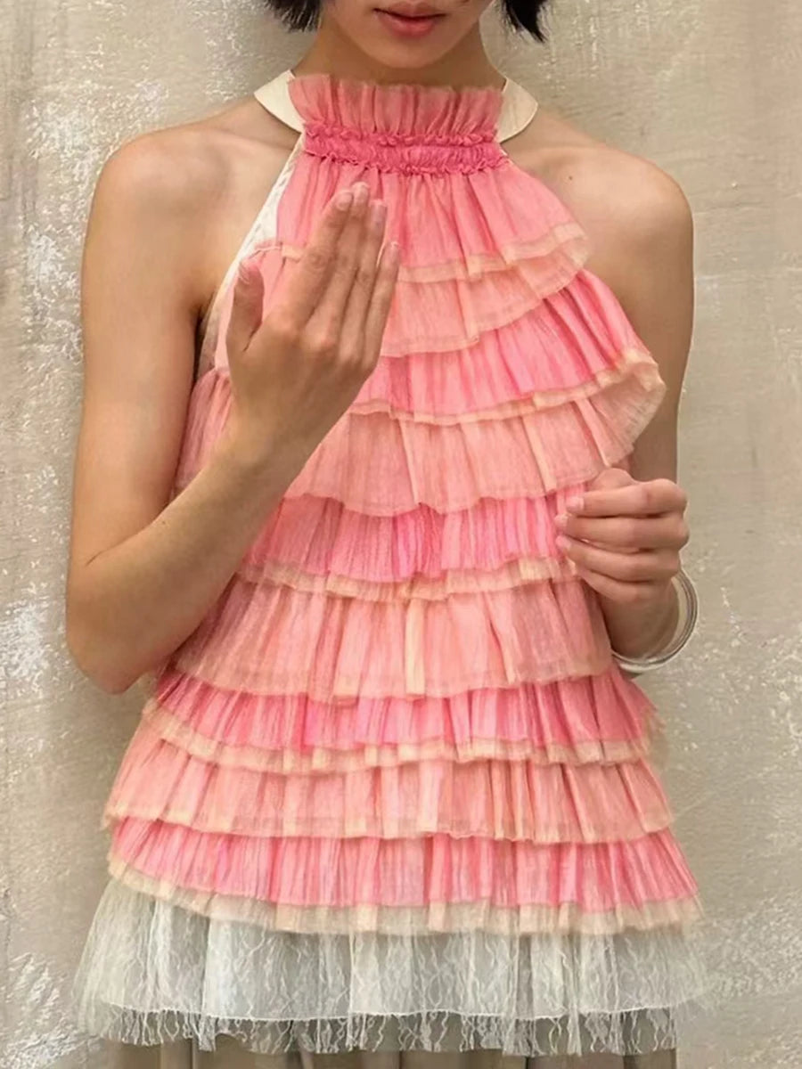 Ruffles O Neck Sleeveless Minimalist Mesh Vest Style Tank Top Mssza