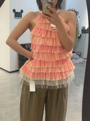 Ruffles O Neck Sleeveless Minimalist Mesh Vest Style Tank Top Mssza