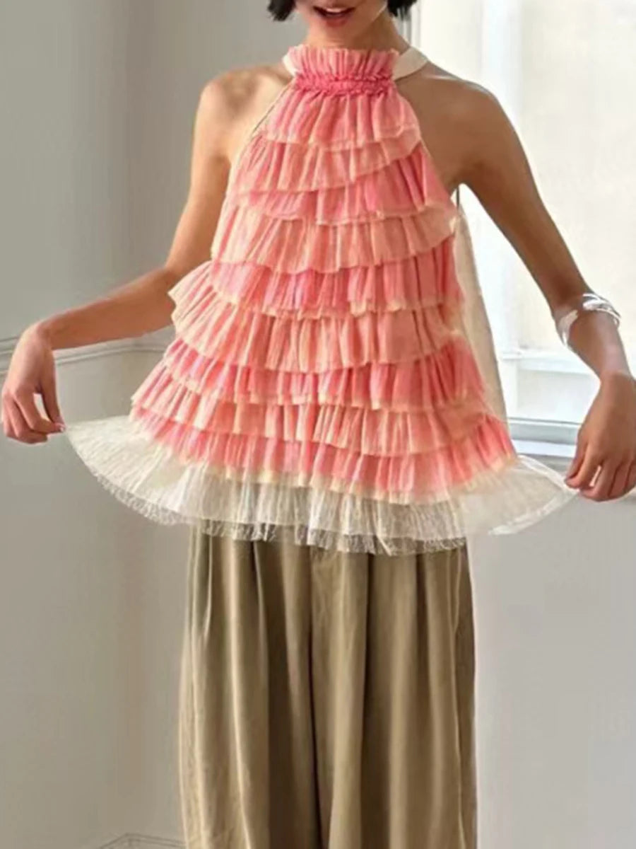 Ruffles O Neck Sleeveless Minimalist Mesh Vest Style Tank Top Mssza