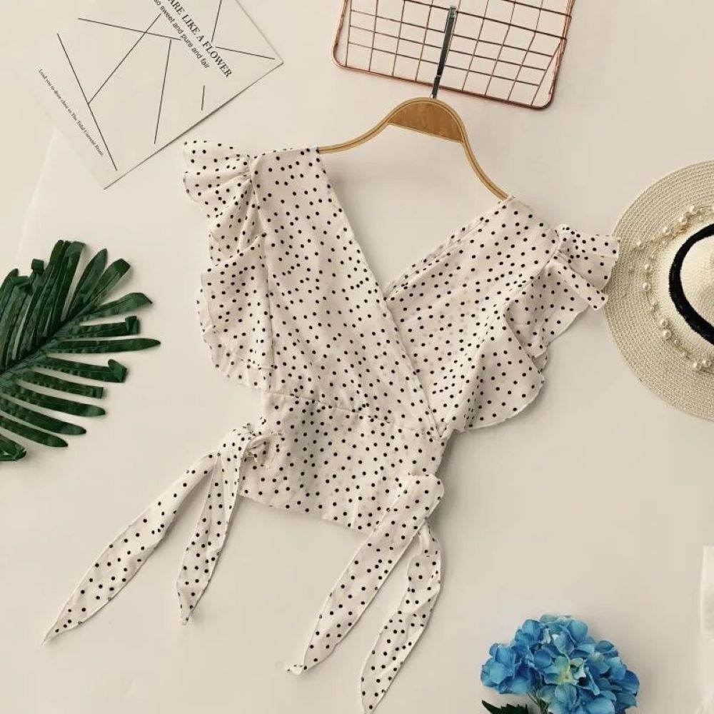 Chiffon Dot Elegance Blouse â€?V-Neck with Ruffle Detail & Lace-Up Design Mssza