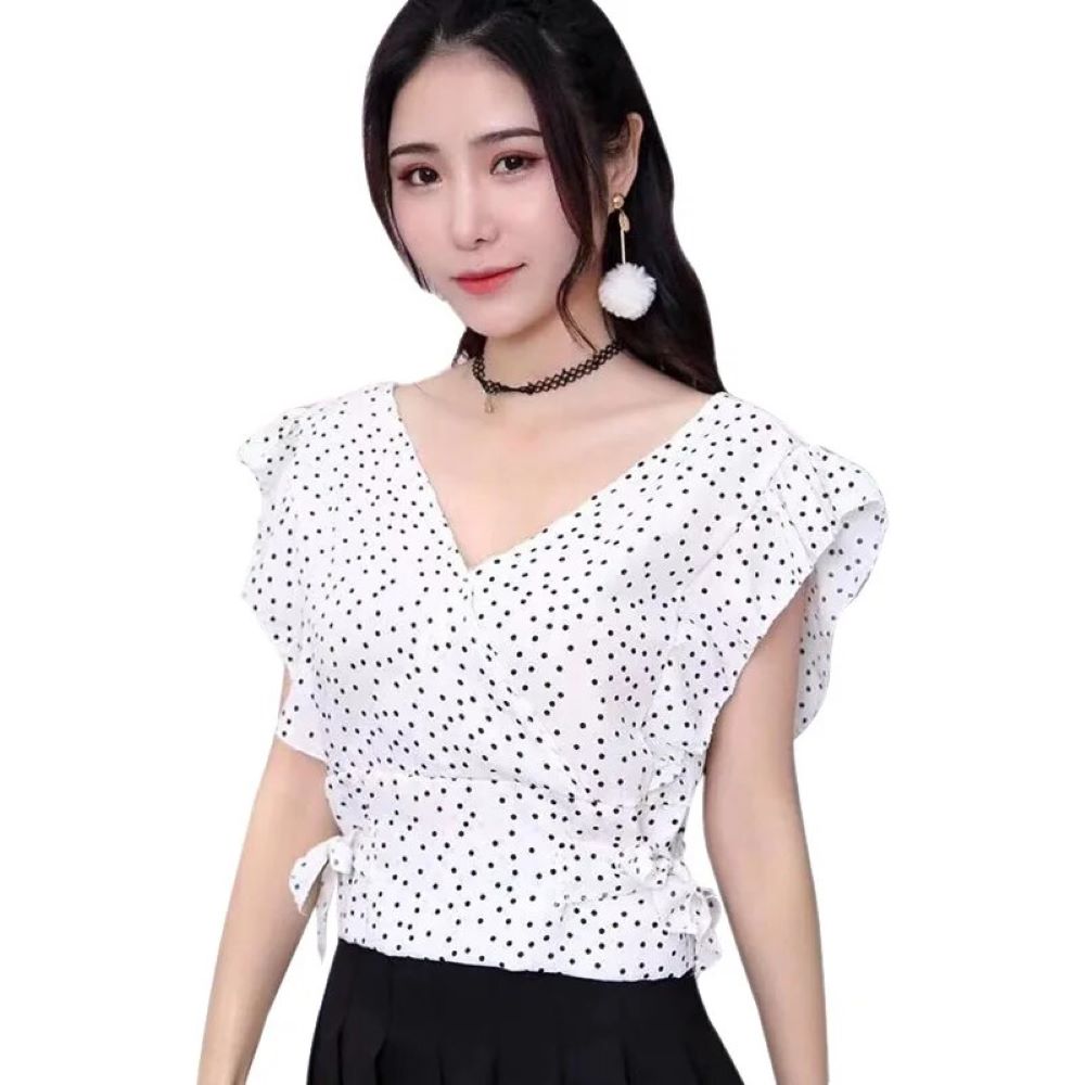 Chiffon Dot Elegance Blouse â€?V-Neck with Ruffle Detail & Lace-Up Design Mssza