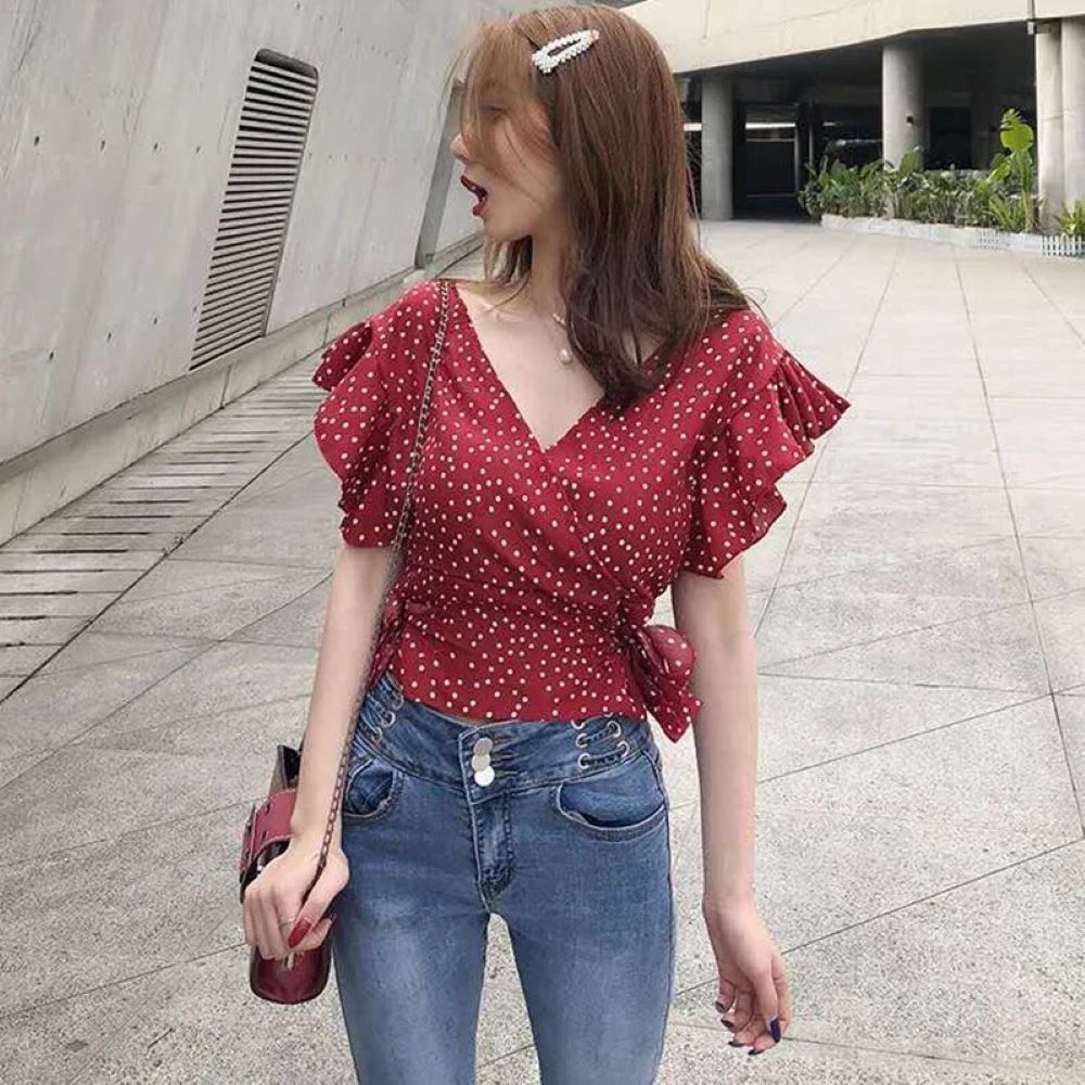 Chiffon Dot Elegance Blouse â€?V-Neck with Ruffle Detail & Lace-Up Design Mssza