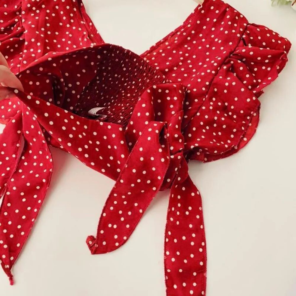 Chiffon Dot Elegance Blouse â€?V-Neck with Ruffle Detail & Lace-Up Design Mssza