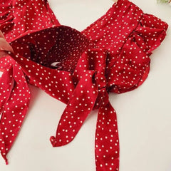 Chiffon Dot Elegance Blouse â€?V-Neck with Ruffle Detail & Lace-Up Design Mssza