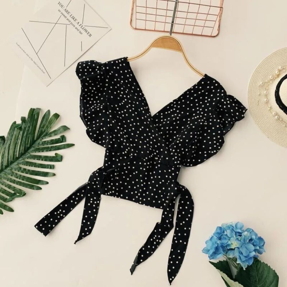 Chiffon Dot Elegance Blouse â€?V-Neck with Ruffle Detail & Lace-Up Design Mssza