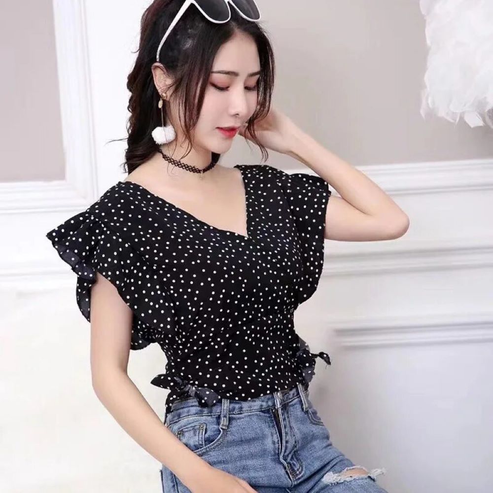 Chiffon Dot Elegance Blouse â€?V-Neck with Ruffle Detail & Lace-Up Design Mssza