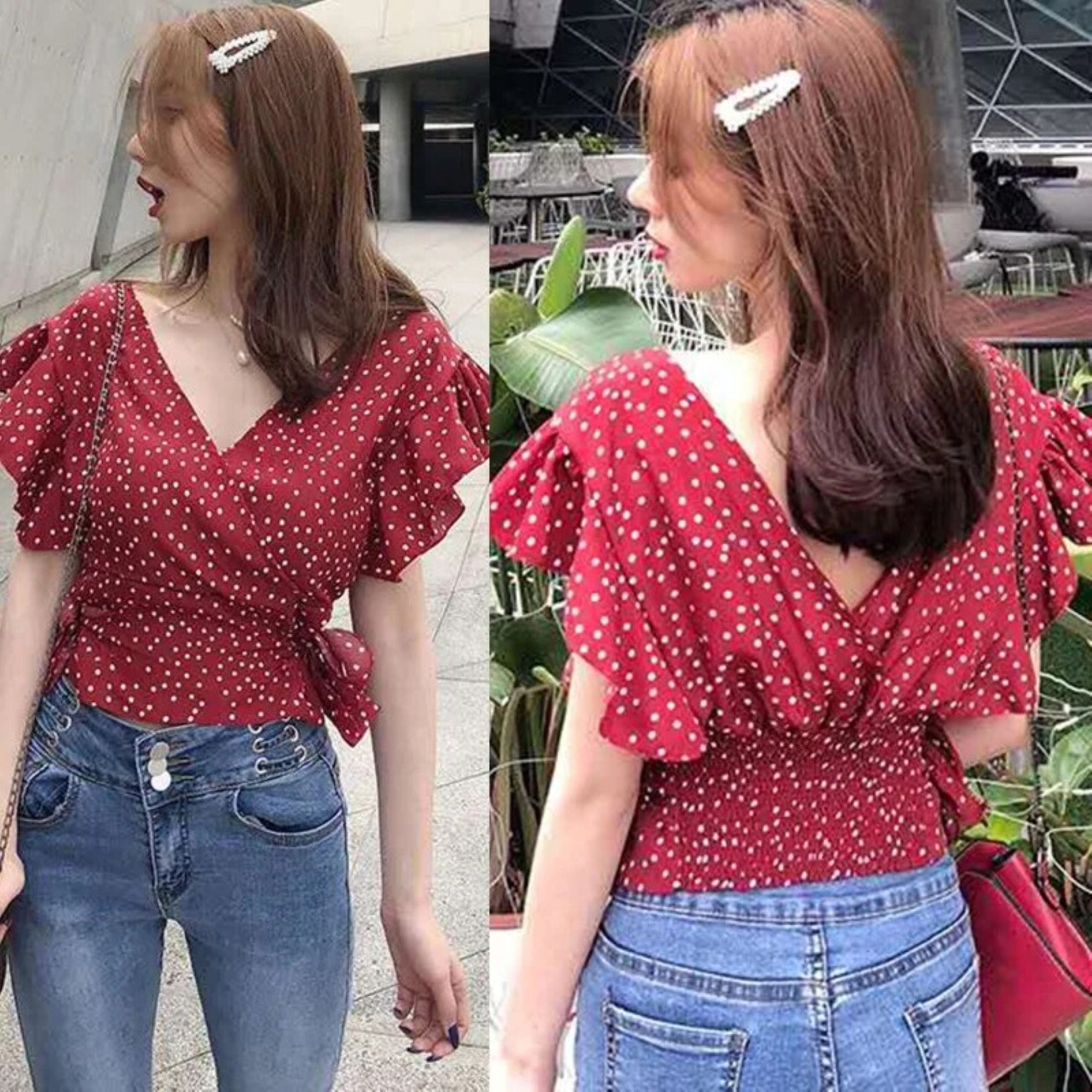 Chiffon Dot Elegance Blouse â€?V-Neck with Ruffle Detail & Lace-Up Design Mssza