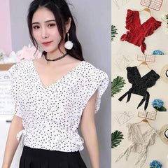 Chiffon Dot Elegance Blouse â€?V-Neck with Ruffle Detail & Lace-Up Design Mssza