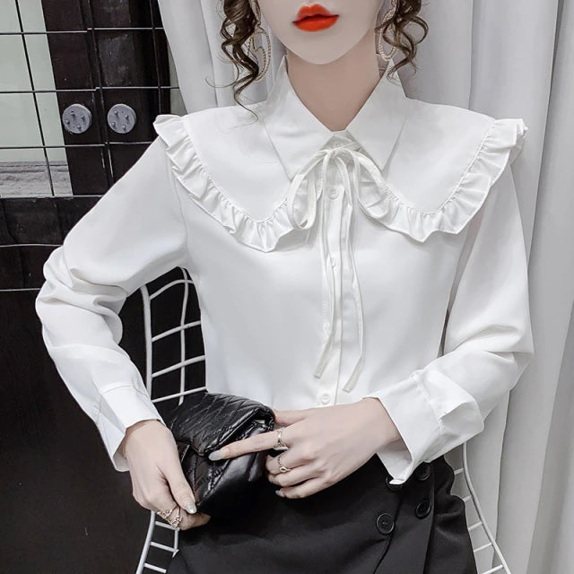 Ruffles Puff Sleeve Peter Pan Collar Button Up Shirt Mssza