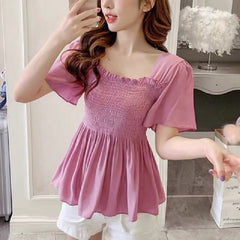 Ruffles  Short Sleeve  Casual Chiffon Blouse Mssza
