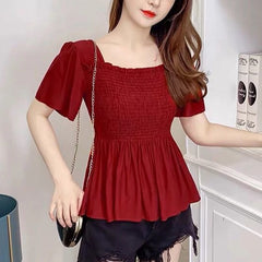 Ruffles  Short Sleeve  Casual Chiffon Blouse Mssza