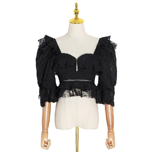 Ruffles Square Collar Puff Sleeve Patchwork Short Blouse Mssza