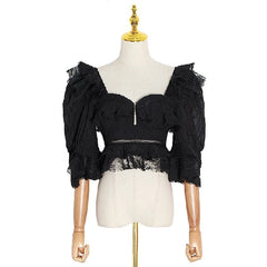 Ruffles Square Collar Puff Sleeve Patchwork Short Blouse Mssza