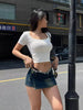 Ruffles Sweet Spicy Design Wrapped Hip Denim Skirt Mssza