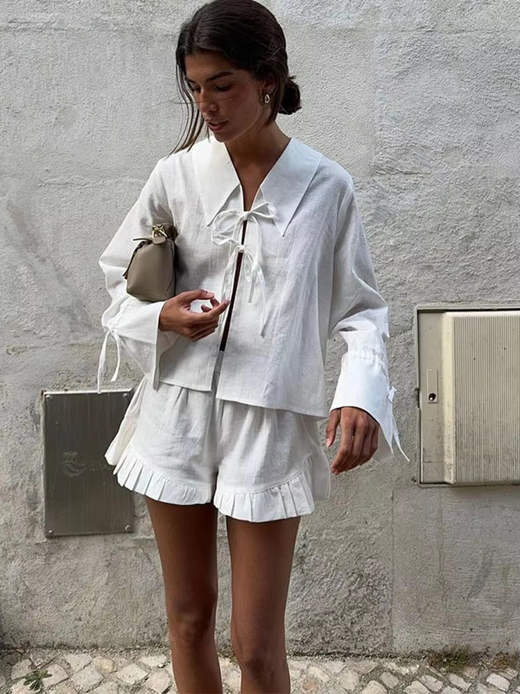 Ruffles Wide Leg Shorts Lace Up High Street Lapel Shirt Top Suits Mssza