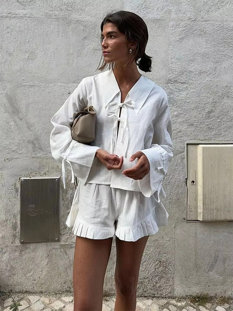 Ruffles Wide Leg Shorts Lace Up High Street Lapel Shirt Top Suits Mssza