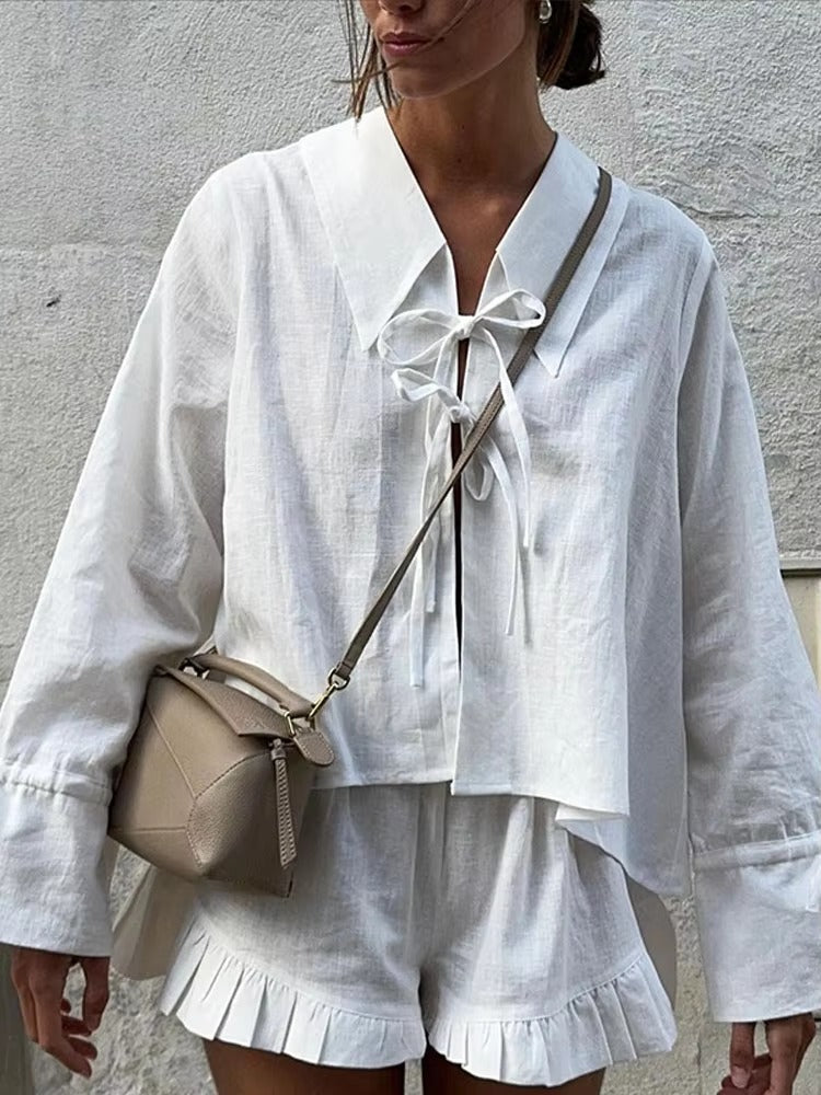 Ruffles Wide Leg Shorts Lace Up High Street Lapel Shirt Top Suits Mssza