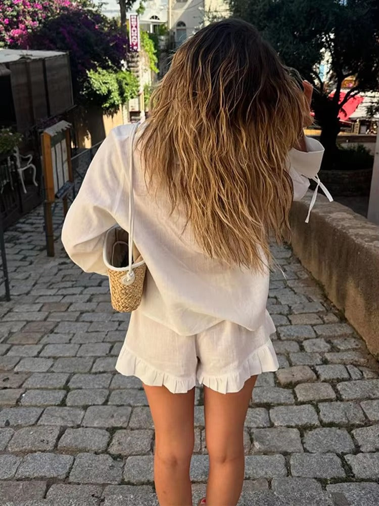 Ruffles Wide Leg Shorts Lace Up High Street Lapel Shirt Top Suits Mssza
