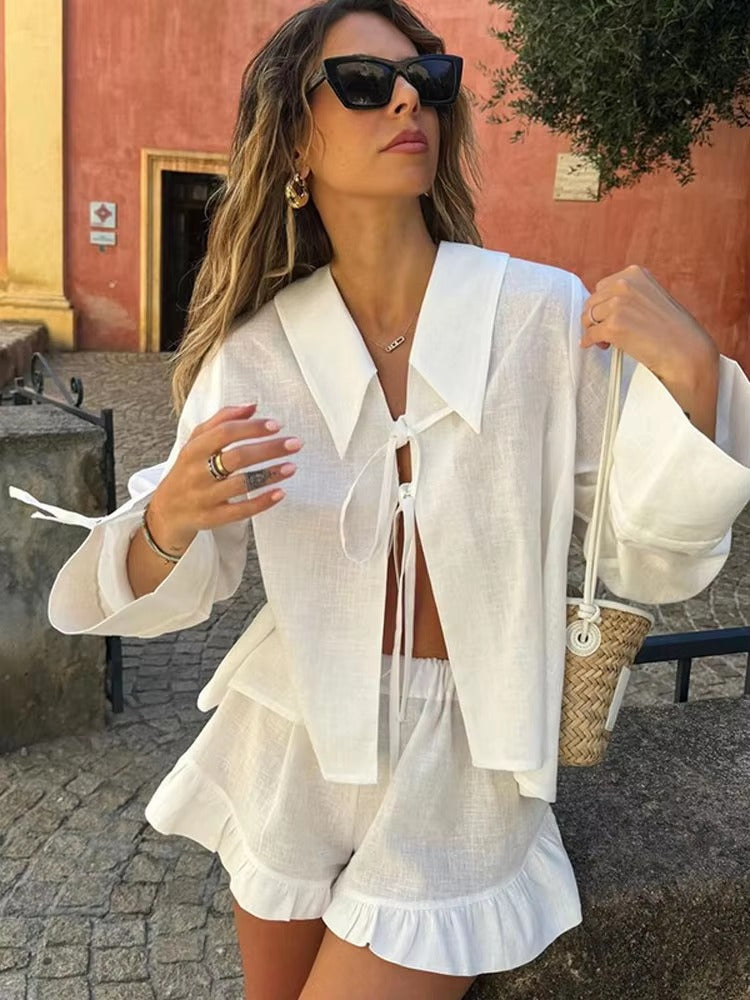 Ruffles Wide Leg Shorts Lace Up High Street Lapel Shirt Top Suits Mssza