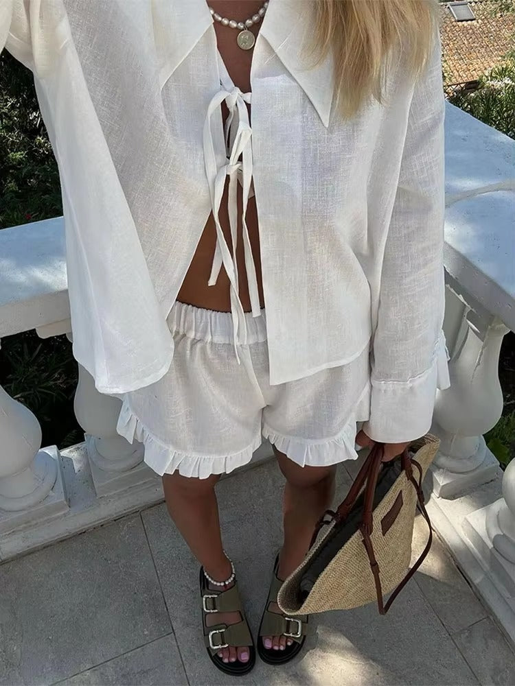 Ruffles Wide Leg Shorts Lace Up High Street Lapel Shirt Top Suits Mssza