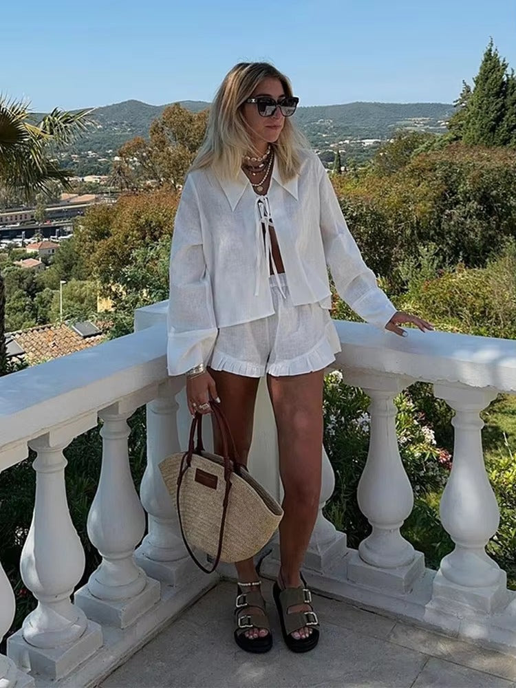 Ruffles Wide Leg Shorts Lace Up High Street Lapel Shirt Top Suits Mssza