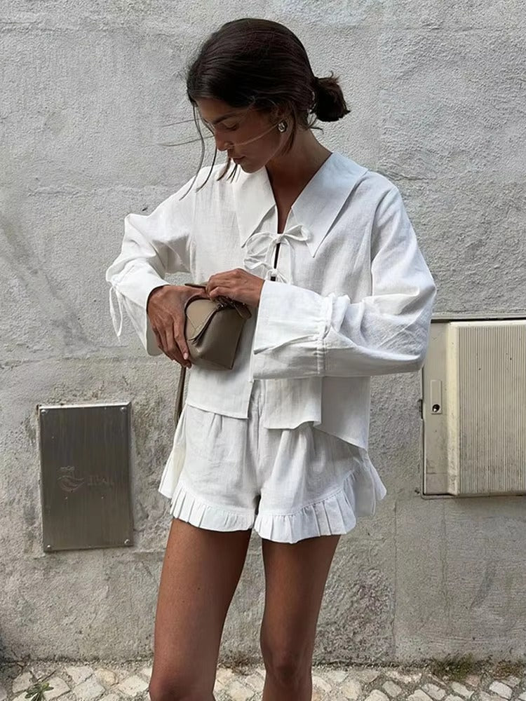 Ruffles Wide Leg Shorts Lace Up High Street Lapel Shirt Top Suits Mssza