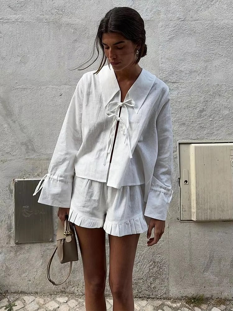 Ruffles Wide Leg Shorts Lace Up High Street Lapel Shirt Top Suits Mssza