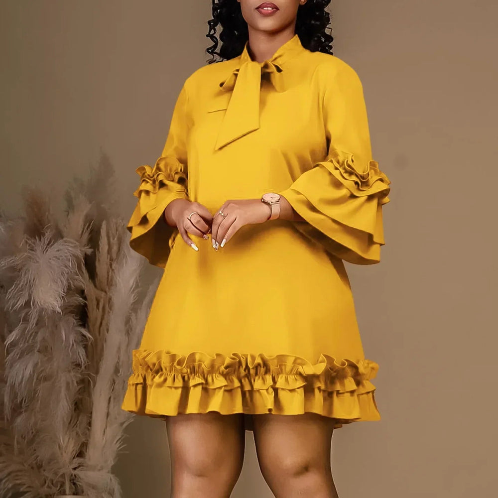 Solid Pleated Ruffles Hem High Neck Mini Dress Mssaz Desses