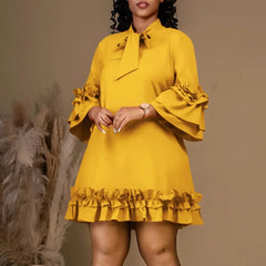 Solid Pleated Ruffles Hem High Neck Mini Dress Mssaz Desses
