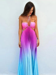 Satin Gradient Pleated Sleeveless Maxi Dress Mssaz Desses