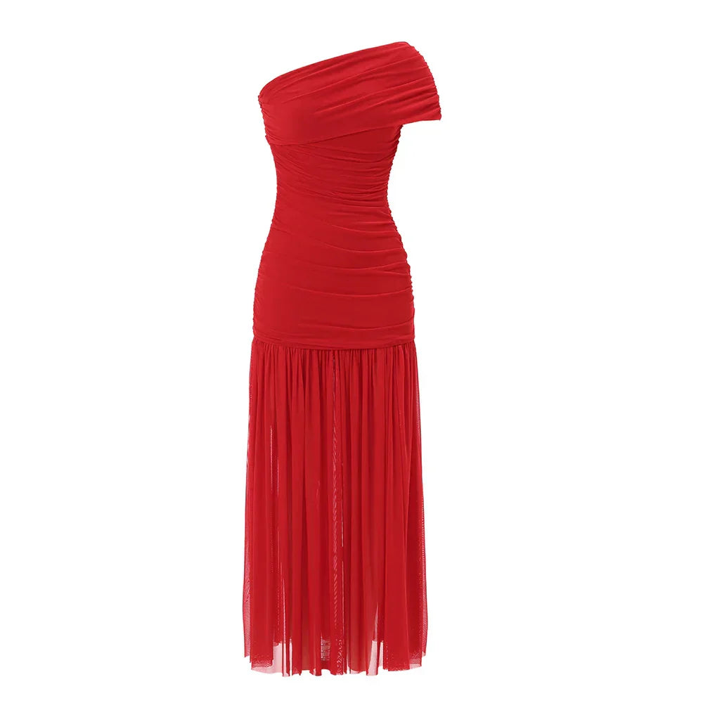 One Shoulder Mesh Solid Maxi Dress Mssaz Desses