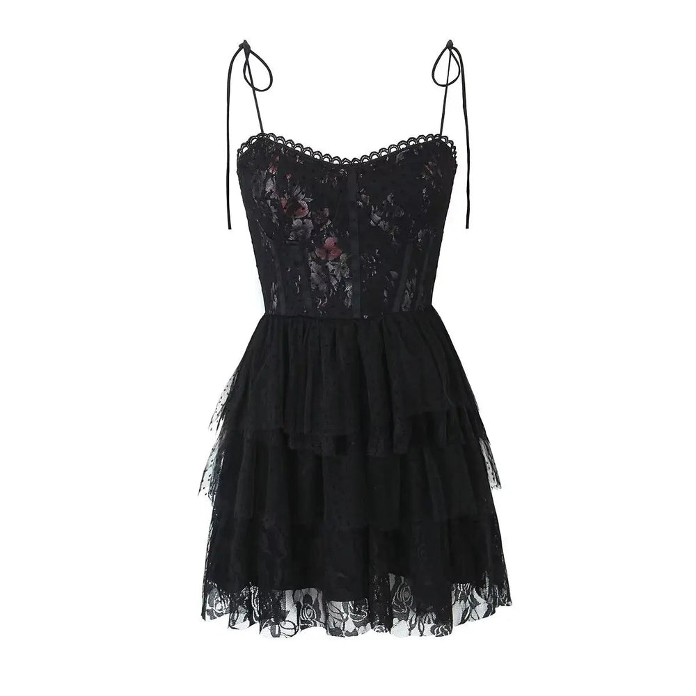 Mesh Bow Lacing up Black Mini Dress Mssaz Desses