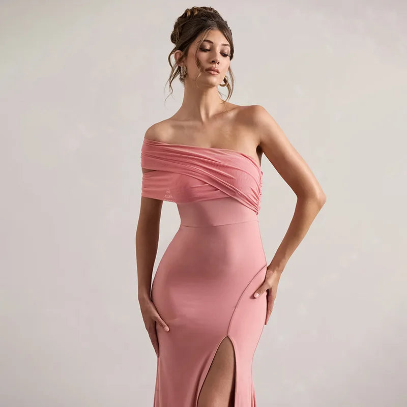 Solid One Shoulder Mesh Slit Long Dress Mssaz Desses
