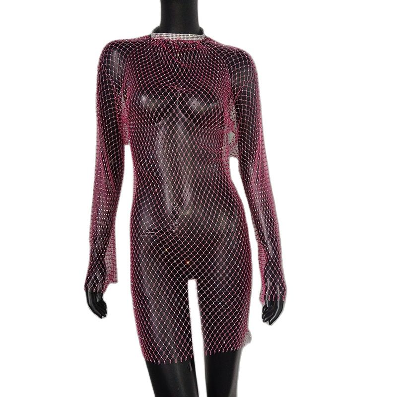 Bling Rhinestones Fishnet Mini Dress  Long Sleeve Crystal Dress Mssaz Desses
