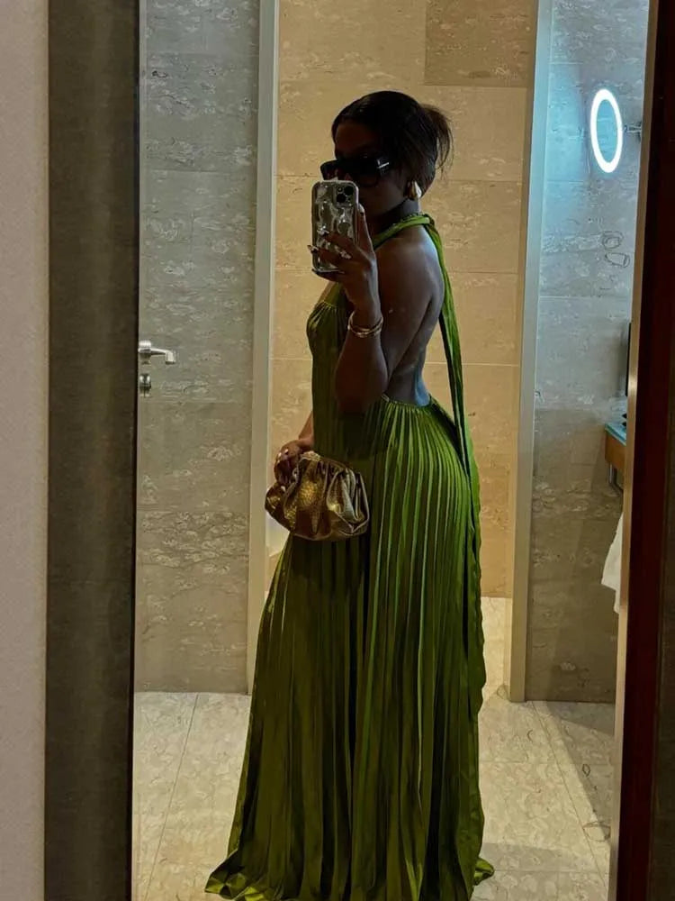 Pleated Hollow Out Halter Neck Long Dress Mssaz Desses