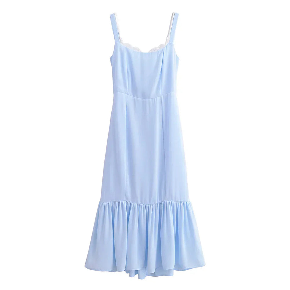 Light Blue Spliced Ruffles Hem Midi Dress Mssaz Desses
