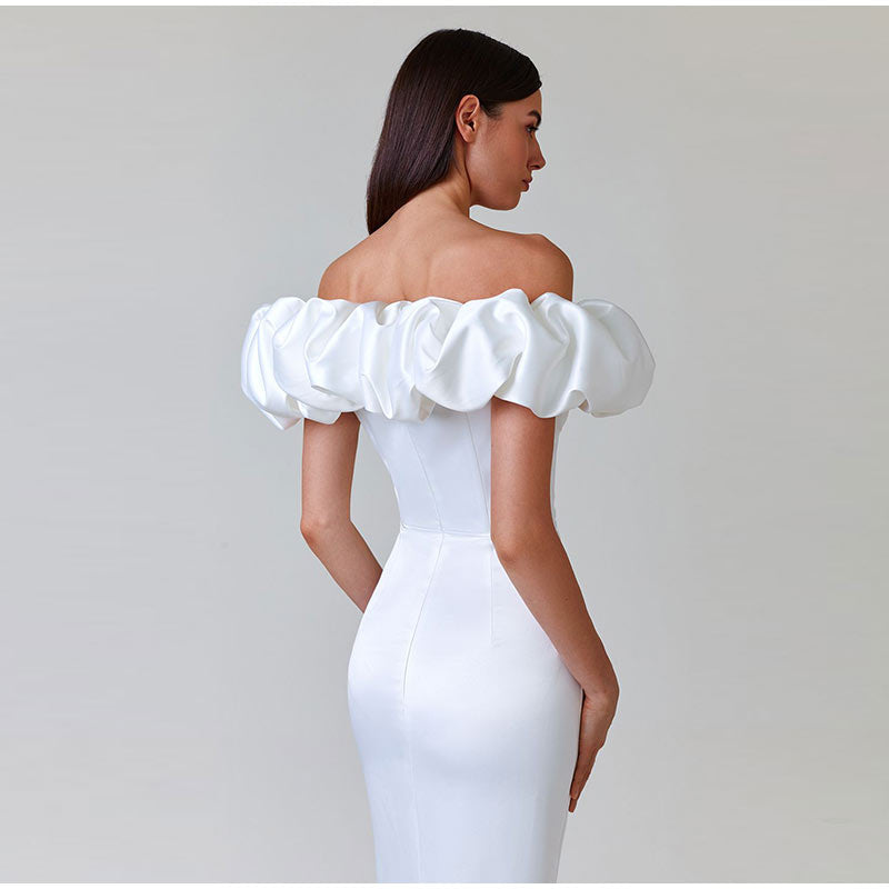 One-Shoulder Puff Sleeve Wrap Chest Slit Long Dress Mssaz Desses