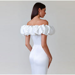 One-Shoulder Puff Sleeve Wrap Chest Slit Long Dress Mssaz Desses