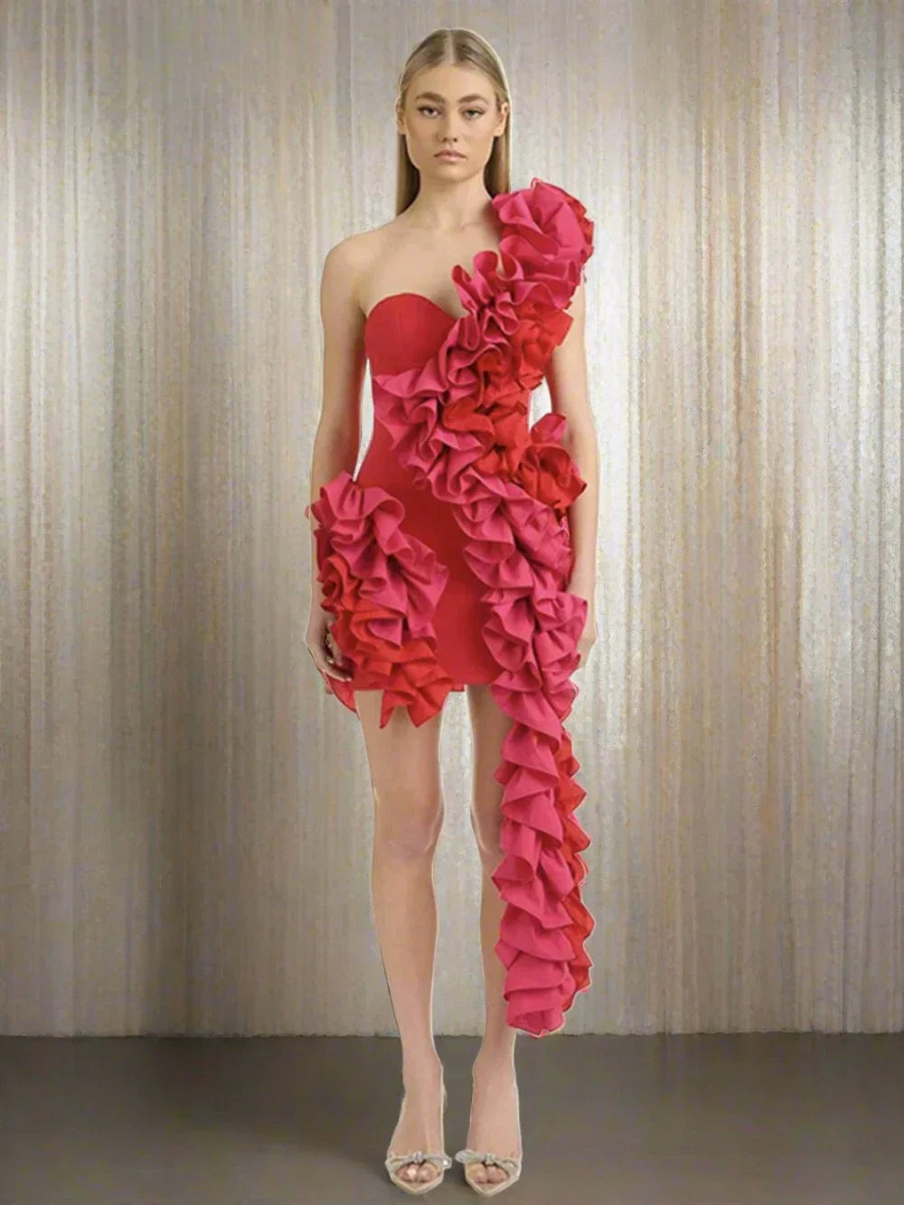 Solid Ruffles One Shoulder Strips Prom Mini Dress Mssaz Desses