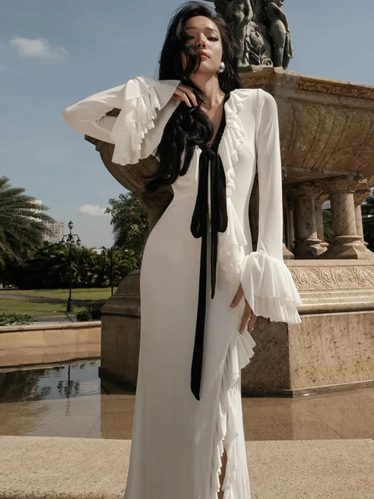 Long Sleeved Ruffled Slit Maxi Dress for Women Mssaz Desses
