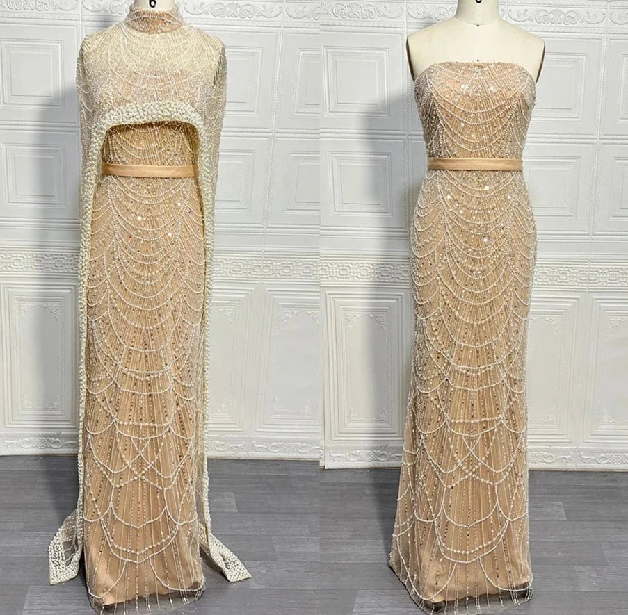 Pearls Mermaid Wedding Party Prom Dresses With Cape Mssaz Desses