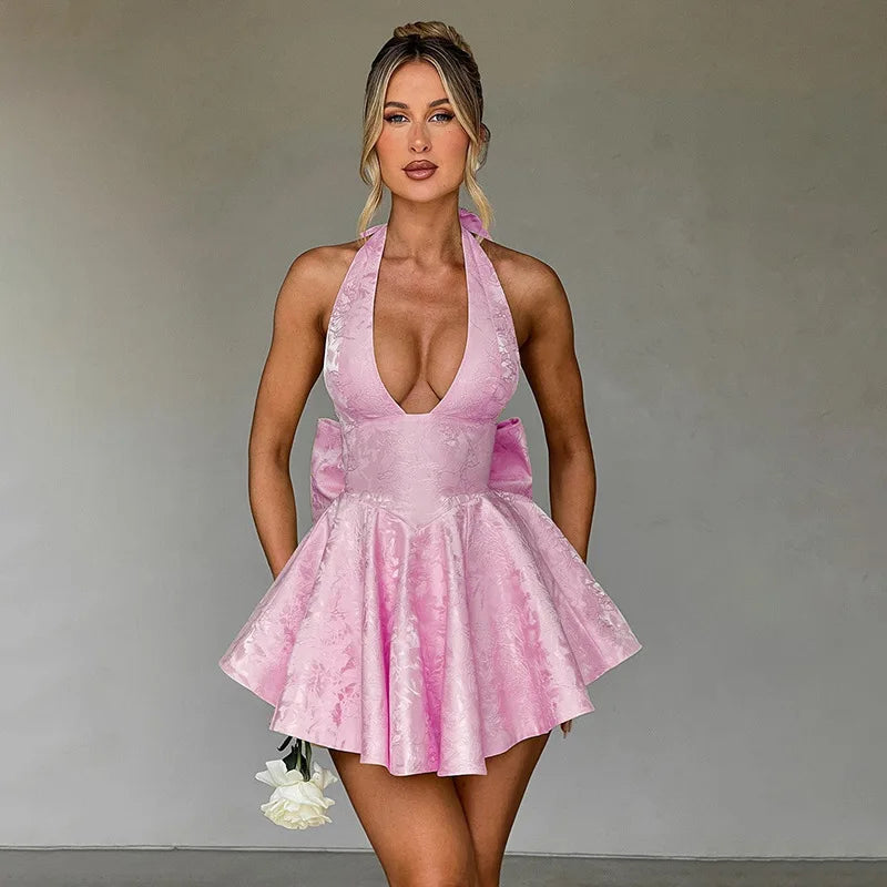 Bow Deep V Halter Backless A-line Dress Mssaz Desses