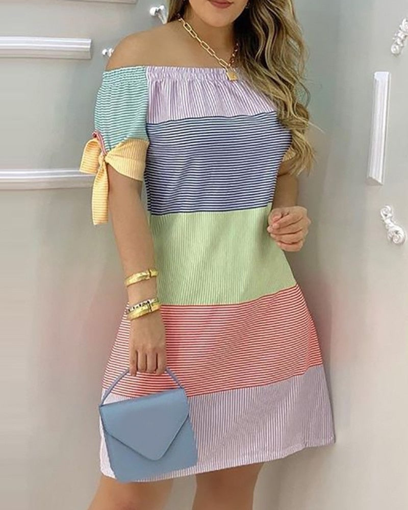 Off Shoulder  Mini Dress Short Sleeve Bow Tie Striped Plaid Floral Vestidos Mssaz Desses