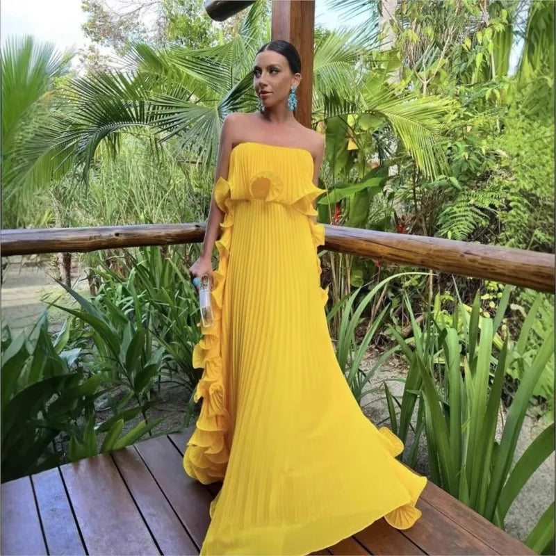 Pleated Chiffon Long Ruffled Strapless Dress Mssaz Desses