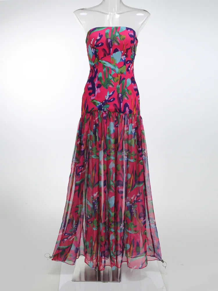 Strapless Retro Print Split Long Dress Mssaz Desses