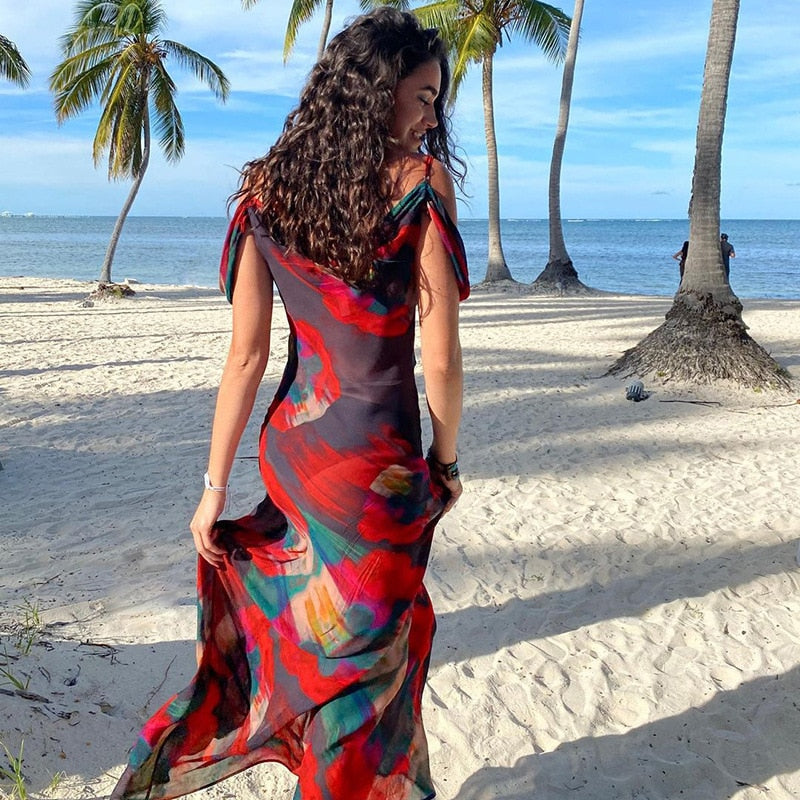 Boho Floral Holiday  Evening Party Mesh Sundress Vacation Spaghetti A-line Mssaz Desses