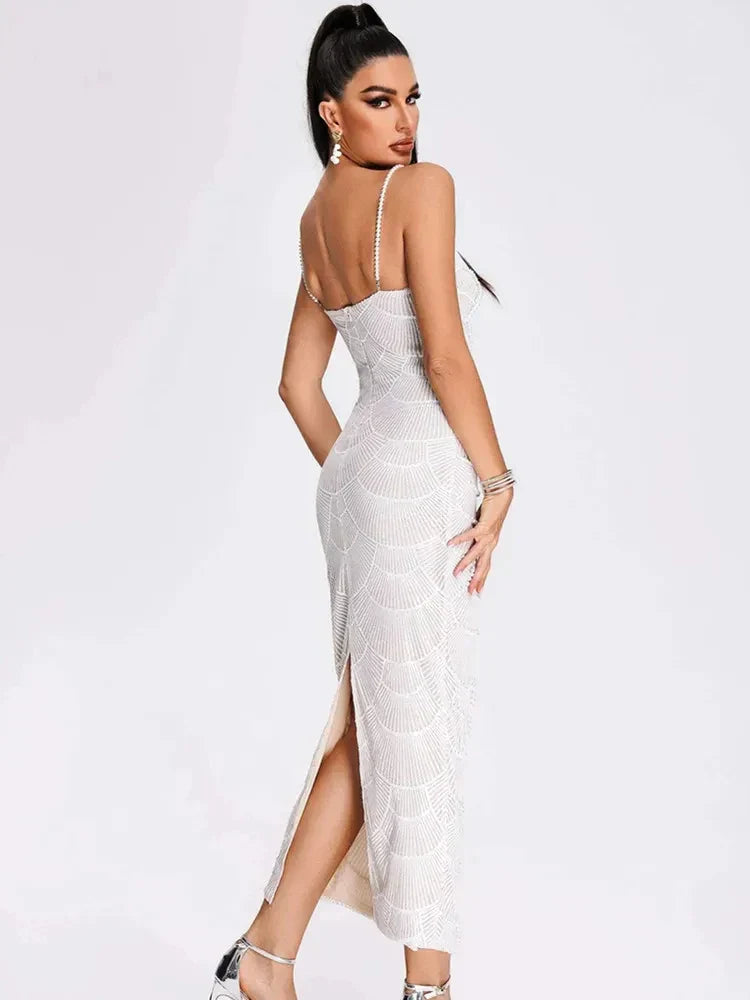 V Neck White Pearl Beading Maxi Dress Mssaz Desses